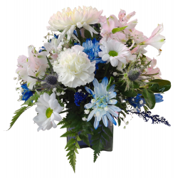 CM02 -Arreglo Floral Serenity Azul y Blanco con Margaritas y Claveles