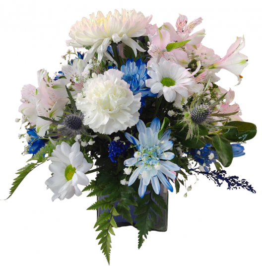 CM02 -Arreglo Floral Serenity Azul y Blanco con Margaritas y Claveles