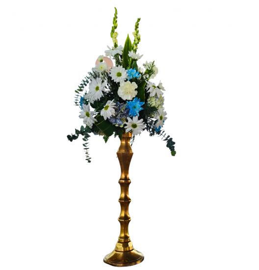 CM03 -Arreglo Floral Elegancia Celestial en Pedestal Dorado