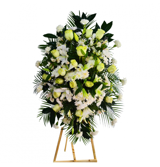 AT01-Atril Fúnebre con Rosas, Lirios y Claveles Blancos