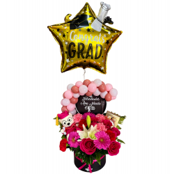 GRAD10-Arreglo Floral de Graduación Premium con Globo y Oso de Peluche