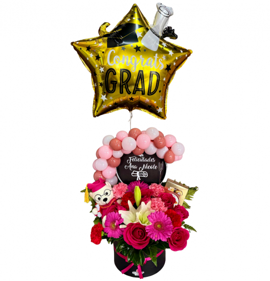 GRAD10-Arreglo Floral de Graduación Premium con Globo y Oso de Peluche