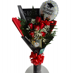 GRAD06- Ramo de Rosas para Graduación con Globo y Chocolates Ferrero Rocher