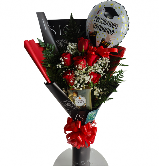 GRAD06- Ramo de Rosas para Graduación con Globo y Chocolates Ferrero Rocher