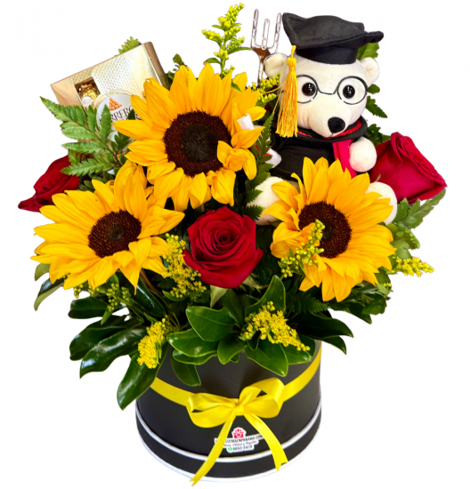 GRAD07- Caja Floral Girasoles de Graduación con Oso de Peluche