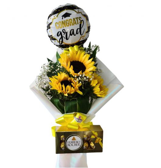 GRAD08- Bouquet de Graduación con Girasoles, Globo y Ferrero Rocher
