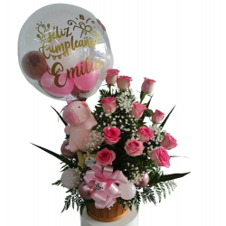 NA10 - Arreglo Floral de Bienvenida para Bebé Niña con Globo y Rosas