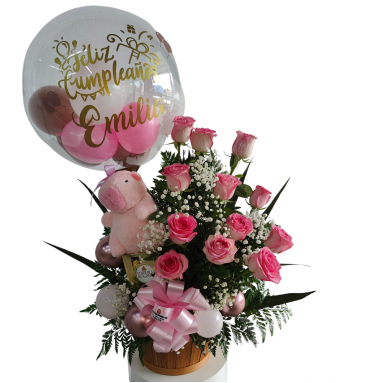 NA10 - Arreglo Floral de Bienvenida para Bebé Niña con Globo y Rosas