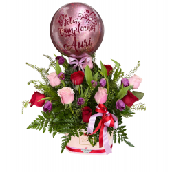 TL02 - Caja Floral de Rosas y Tulipanes con Globo Personalizado TL02 - Caja Floral de Rosas y Tulipanes con Globo Personalizado
